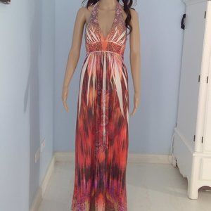 S-Twelve Colorful Red Maxi Dress With Rhinestones